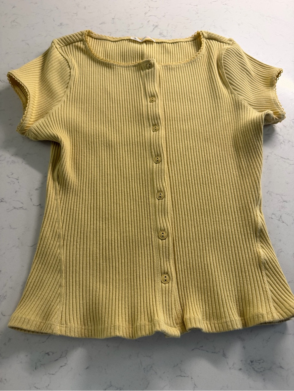 Free People Yellow Ribbed Button-Front Short Sleeve Top